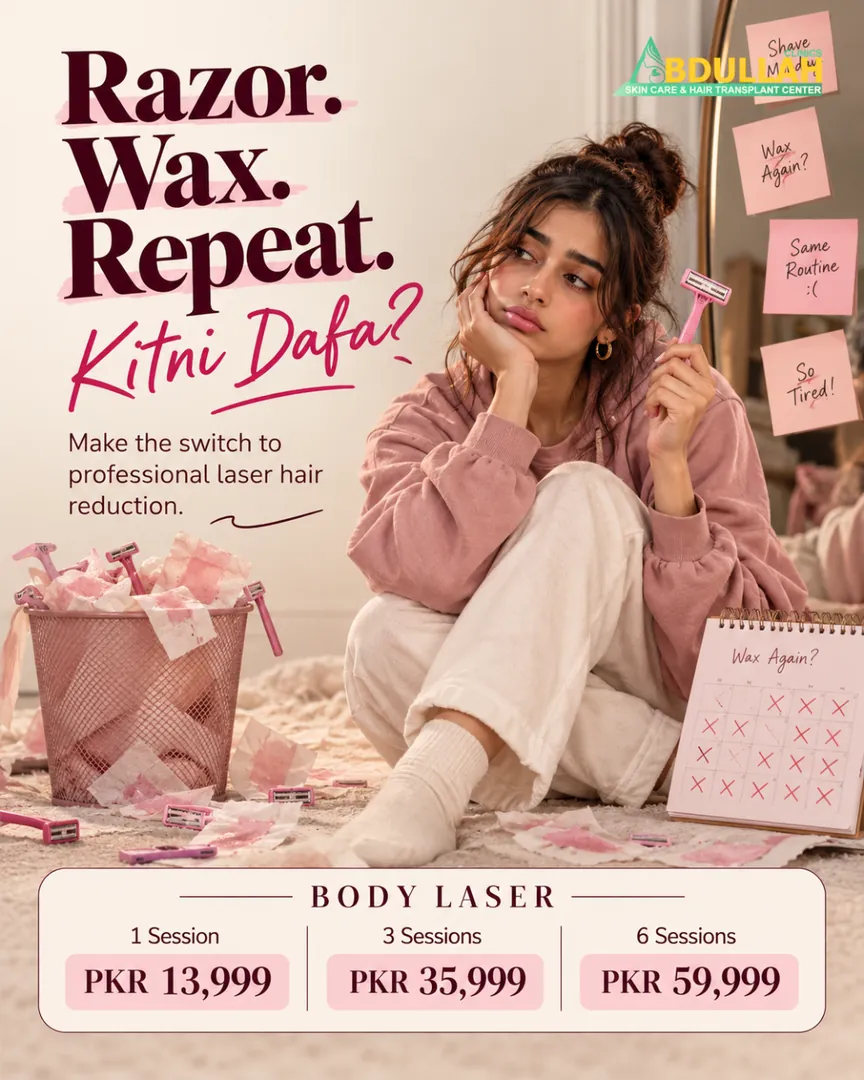 Body laser hair removal offer in Karachi at Abdullah Clinics: 1 session PKR 13,999, 3 sessions PKR 35,999, 6 sessions PKR 59,999