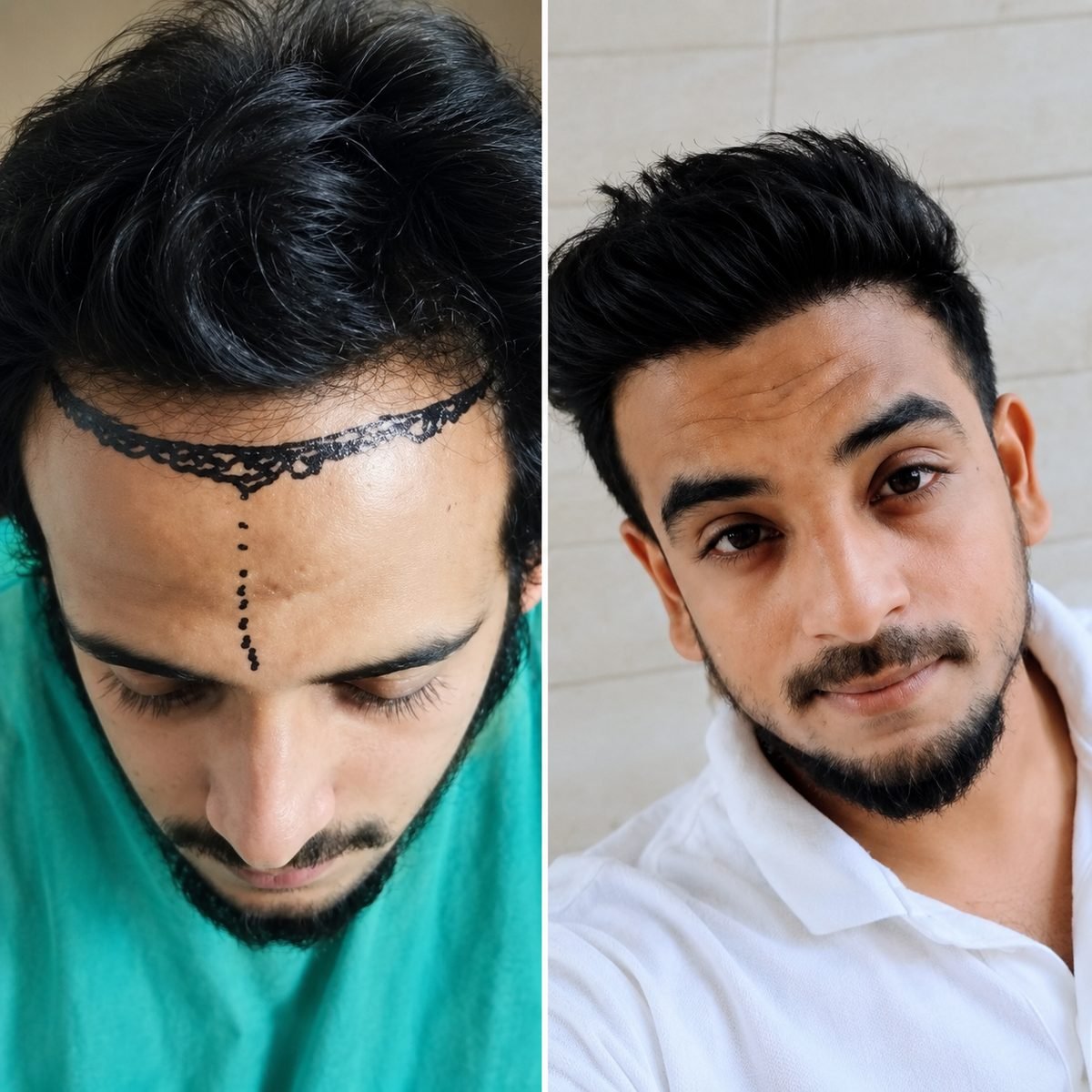 Before and after hair transplant result, hairline marked before surgery, Abdullah Clinics Karachi