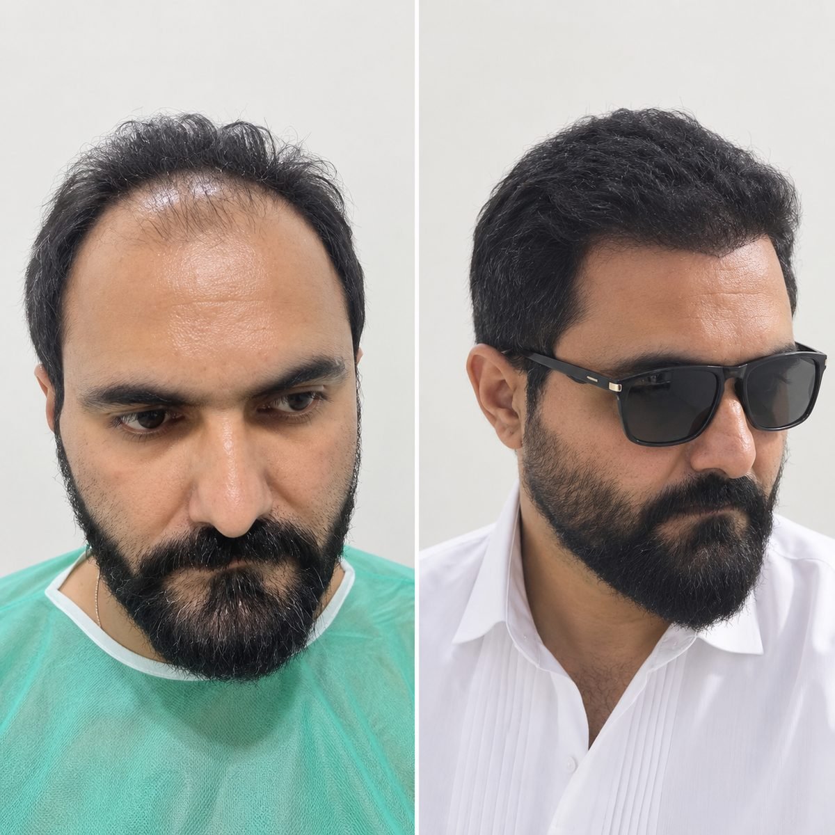 Before and after hair transplant result, front view before and side view after, Abdullah Clinics Karachi