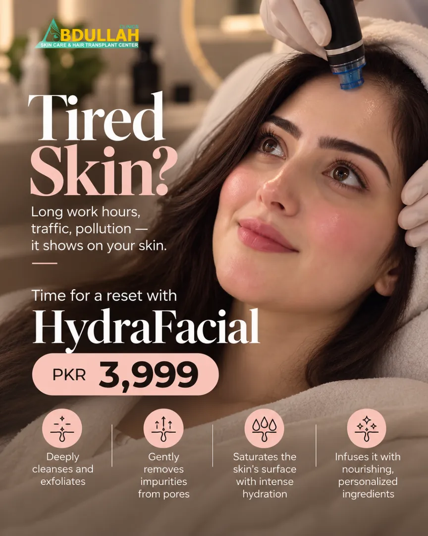Woman having a HydraFacial treatment for tired skin in Karachi, PKR 3,999 at Abdullah Clinics