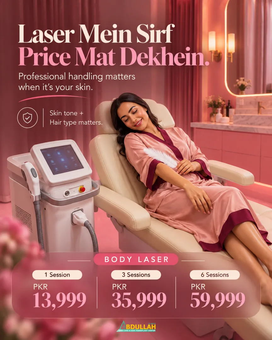 Laser hair removal packages in Karachi with doctor assessment of skin tone and hair type, from PKR 13,999 per session